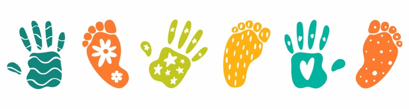 Illustration of hand-drawn prints of children's hands and feet