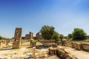 Fototapeta na wymiar Ruins of ancient Byzantine basilica, the early-Roman Christian church, preserved in Perge, Antalya, Turkey.