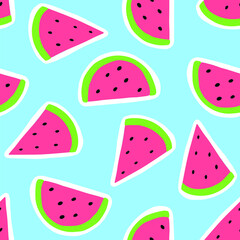 Seamless pattern of watermelon slices on a blue background. Fresh summer fruit vector illustration. Colorful juicy summer tropical design