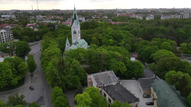 Aerial view of old town with Cathedral and green park in Amalienau district, Kaliningrad, Russia. 4k drone video