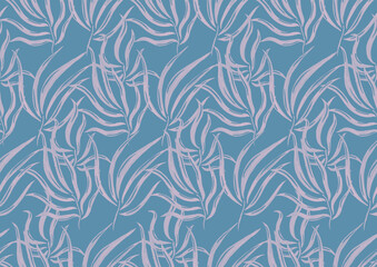 Seamless pattern with pink palm leaves on blue