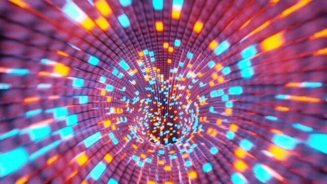 Speed motion with rotation into neon glowing technologic tunnels consist of many colorful cubes. Looped video. Abstract background.