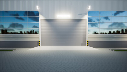 3d rendering of exterior commercial building. May called modern factory, warehouse, hangar, shop or garage. Include metal door or roller shutter for background of industry i.e. construction, storage.
