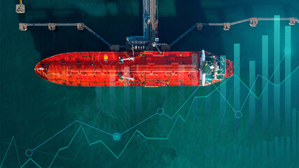 Aerial view tanker ship vessel unloading at port, Business import export oil and gas petrochemical...