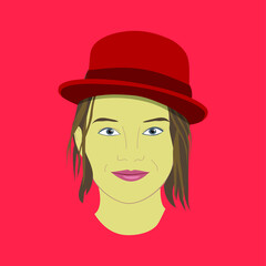 Retrot de Mujer con el pelo liso marrón y un sombrero rojo