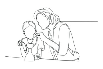 Continuous one line drawing Parent mother with daughter kid making chemical test at home kitchen. Scientist concept. Single line draw design vector graphic illustration.