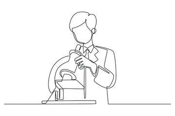 Continuous one line drawing Young scientist or researcher in protective workwear studying new virus in microscope. Scientist concept. Single line draw design vector graphic illustration.