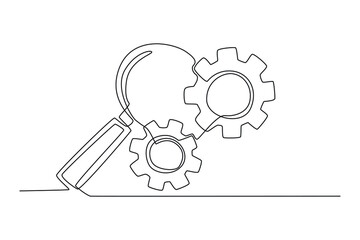 Continuous one line drawing businessman with  magnifying glass checking cogwheel to make machine run good. Work flow concept. Work flow concept. Single line draw design vector graphic illustration.