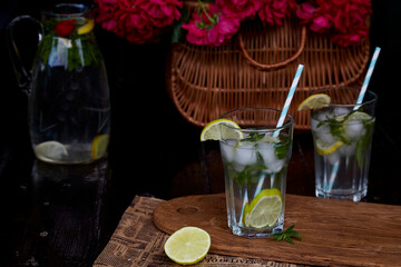 Homemade mojito with lemon, lime and mint. Refreshing, diet, detox infused, natural non-alcoholic summer cocktails. Healthy refreshing cocktails. Summertime drinks.