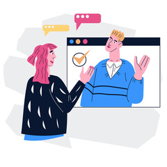 Business people or partners, business team colleagues discuss workflow in social network, online conference concept, flat vector illustration isolated on white background.