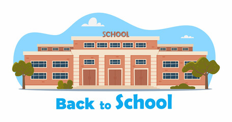 Modern School Building Exterior. Welcome Back To School. Educational architecture, facade of high school building with large windows. Design for flyer, banner, card. Vector illustration.