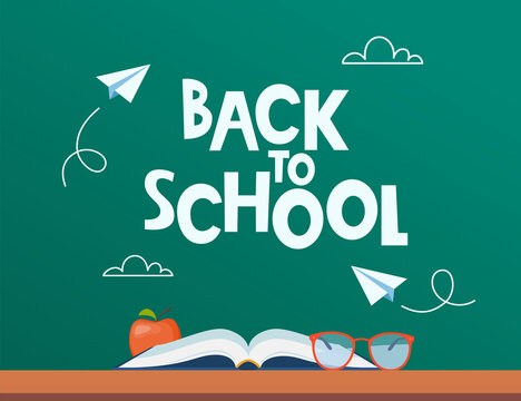 Back to school poster, banner. Lettering Back to school inscription with clouds and paper airplanes flying around, drawn with chalk on a green board. Vector.