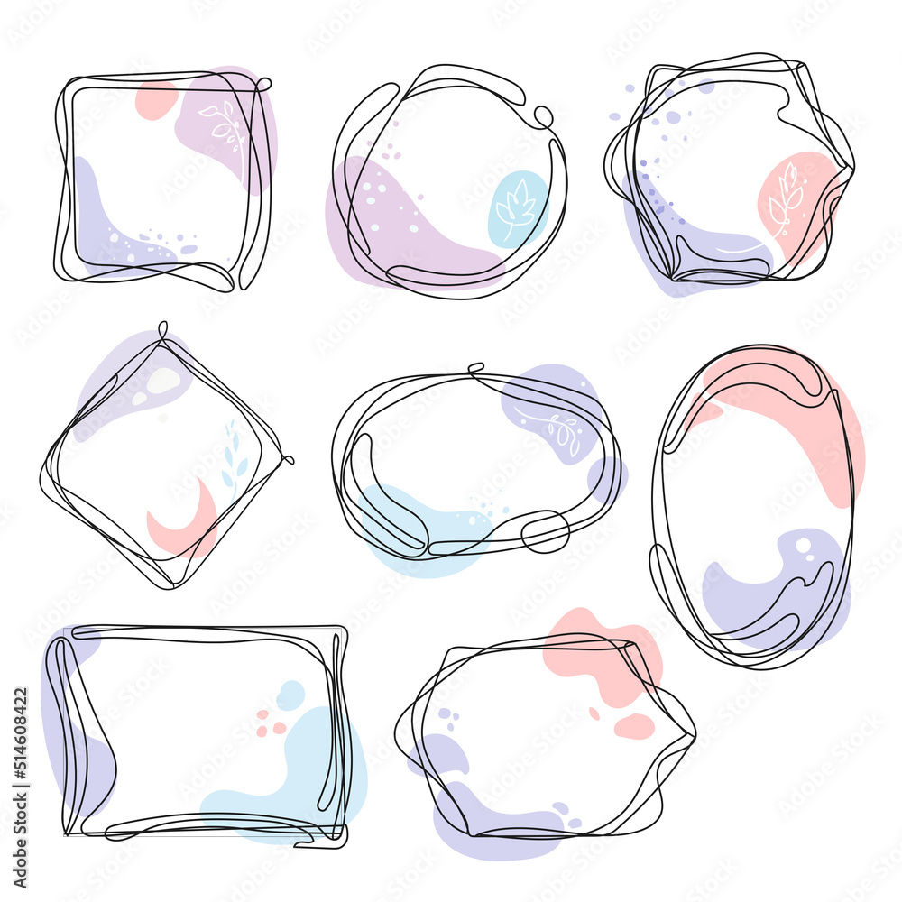 Poster set of abstract frames with hand drawn doodle and pastel shapes.vector wreaths and frames abstract w