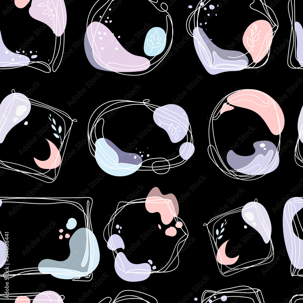Aufkleber abstract seamless pattern with pastel spots and shapes with different doodle frames on a black backg