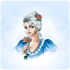 
Portrait of a beautiful lady with blue hair and a scarlet rose.Blonde fairy with a red rose in her hand.