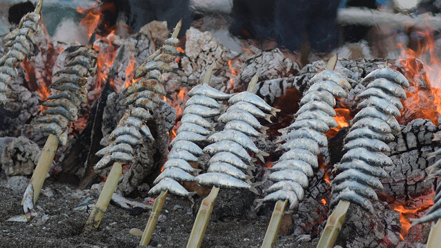 Popular barbecue with espetos de sardinas at grill, typical spanish food