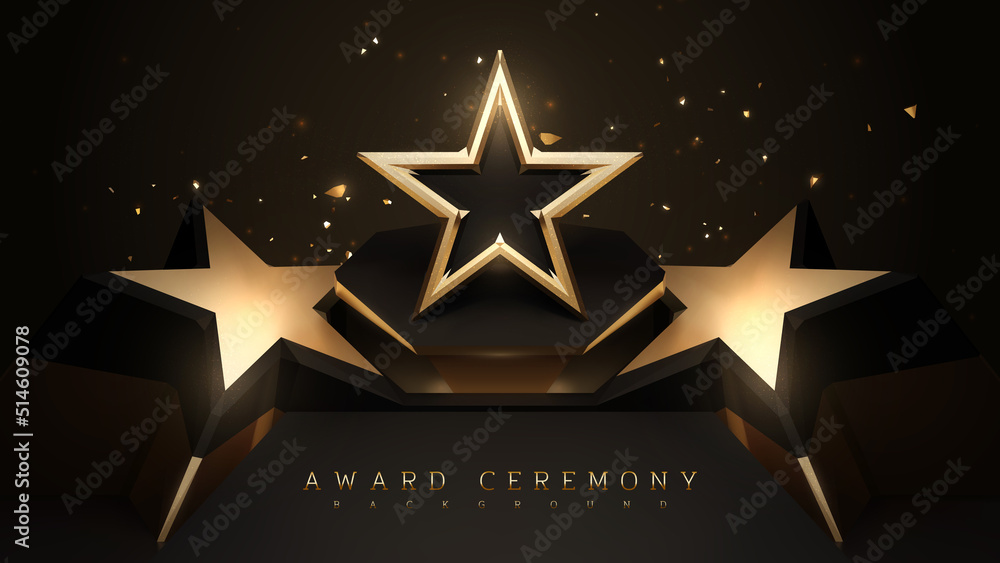 Wall mural award ceremony background with podium and 3d gold star element and glitter light effect decoration.