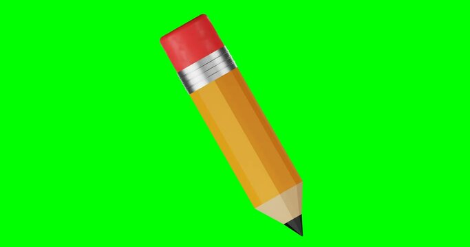 Pencil. 3d animation of a writing pencil with an eraser. Drawing sketches and little ones. Record important information. 4k animation in cartoon style on a green background with alpha cash.
