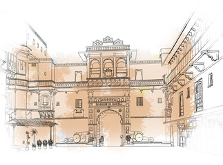 west zone cultural center udaipur, Museum Bagore Ki  close to Gangaur Ghat in Udaipur in India, sketch 