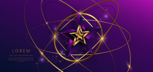 Fototapeta premium 3d golden star with golden on dark blue and purple background with lighting effect and spakle. Template luxury premium award design.