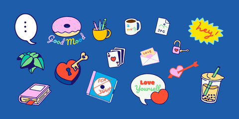 Hand Drawn Sticker Pack , isolated vector patches, pins, stamps or sticker pack with funny cute characters and trendy illustrations. Colorful planning decoration , Prints and social media post