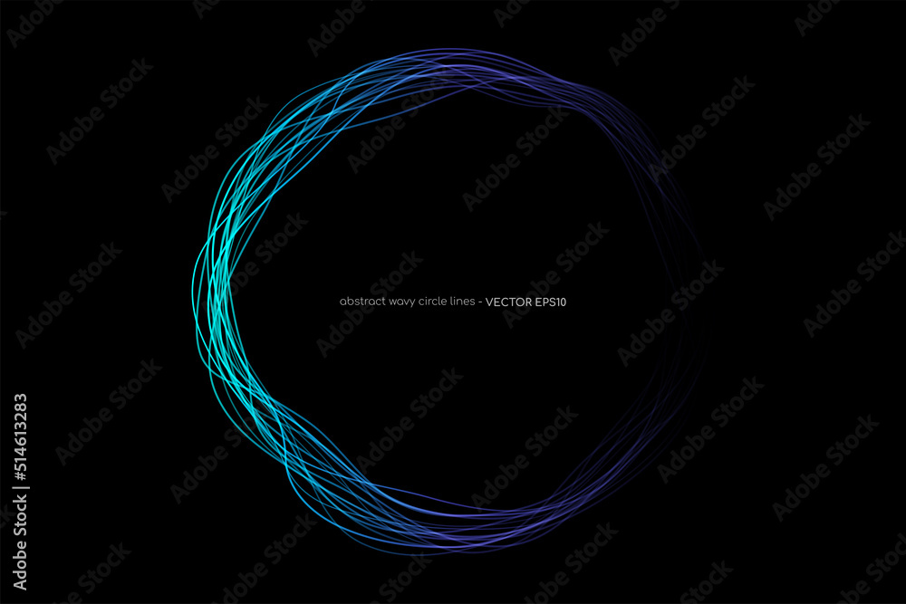 Poster Vector abstract wavy circles lines round frame blue color isolated on black background. Technology modern concept