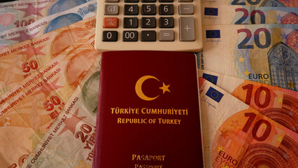 Money, Euro and Turkish lira with calculator, travel calculation. 