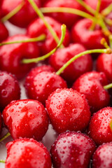 Red cherry close-up. Fresh cherries in water drops. Red berries for diet food