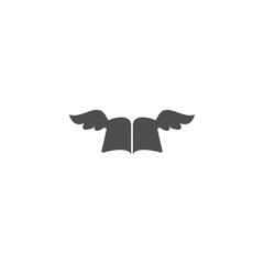 Black open book with wings isolated on white background. Vector flat illustration.