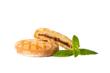 Beautiful dessert strudel cookies with apple jam and cinnamon on a white background.