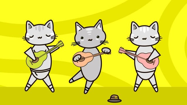 Funny animals. Three cute cats are playing the guitar. Animation, cartoon.