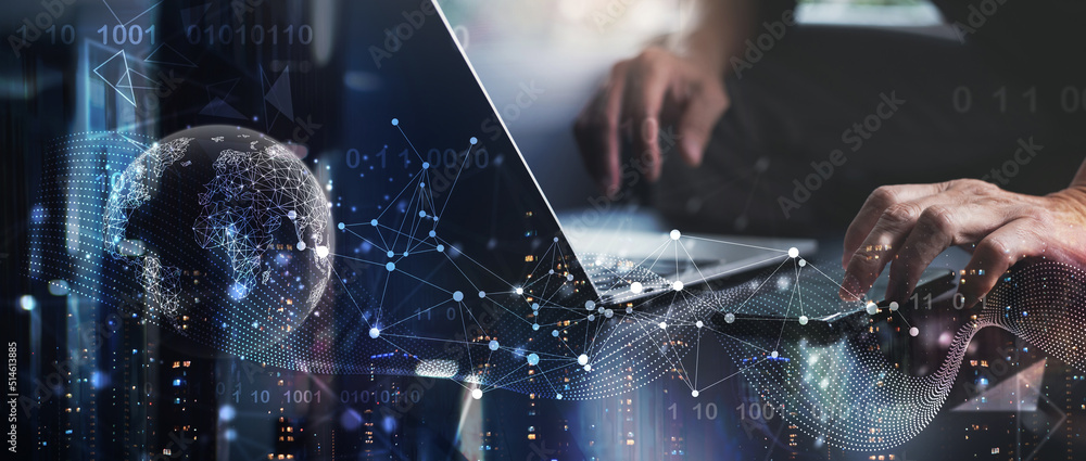Poster digital technology, internet network connection, futuristic innovation technology. man using laptop 