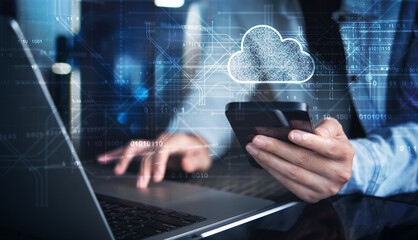 Cloud technology. Data storage and backup. Networking and internet service concept. Woman using laptop computer and mobile phone with cloud computing diagram.