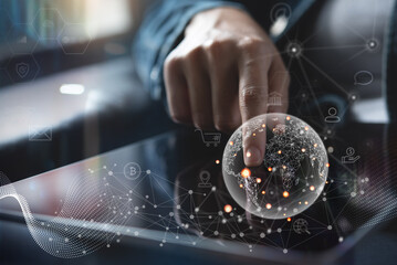 Internet of Things (IOT), Global Business, Digital Technology, social media marketing concept. Woman using digital tablet with virtual global network and technology icons