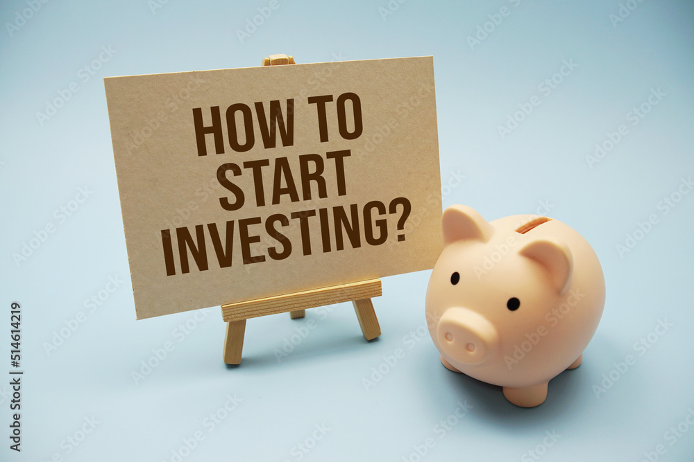 Poster how to start investing? text message and piggy bank on blue background