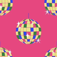 Obraz premium Seamless vector pattern with disco ball on pink background. Simple retro party wallpaper design. Decorative 70s fashion textile.