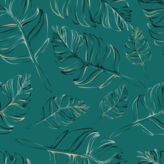 Seamless vector pattern with feather texture on teal blue background. Simple leaf doodle wallpaper design. Decorative modern fashion textile.