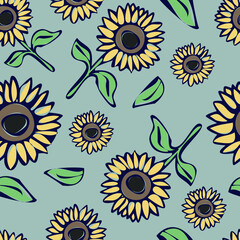 Seamless vector pattern with hand drawn sunflowers on grey background. Simple summer meadow wallpaper design. Decorative bohemian fashion textile.