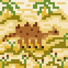 Pixel landscape with cute Dino, palm trees and plants. Vector illustration. Mosaic panel, embroidery, stained glass