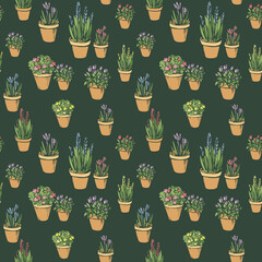 Colorful bright seamless pattern with colored flowerpots, flowers, pots, potted plants. Endless texture with hand drawn silhouette on dark green background for wallpaper decor.