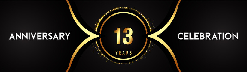 13 years anniversary celebration logotype with circle glitter sparkle on black background. Premium design for banner, birthday party, weddings, event party, graduation, poster, greetings card.
