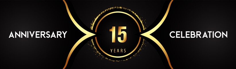 15 years anniversary celebration logotype with circle glitter sparkle on black background. Premium design for banner, birthday party, weddings, event party, graduation, poster, greetings card.