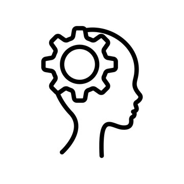 Human head with cogwheels inside linear icon. Artificial intelligence. Technology progress.  outline, line illustration