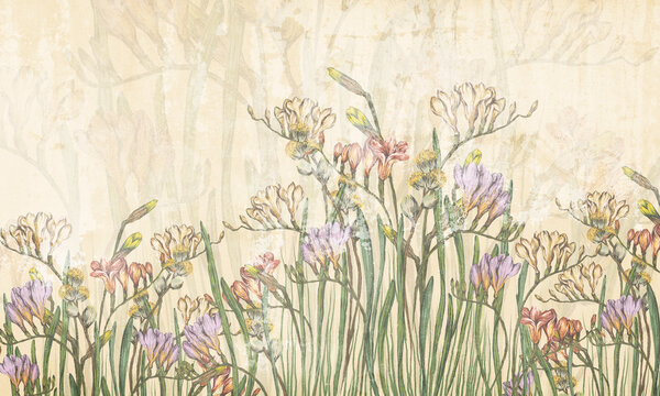 dried flowers wild flowers on a texture background in vintage style photo wallpaper in the interior © Виктория Лысенко