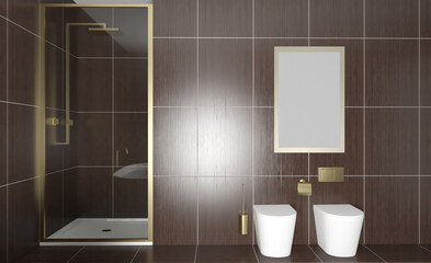 Scandinavian bathroom, classic  vintage interior design. 3D rendering.. Mockup.   Empty paintings