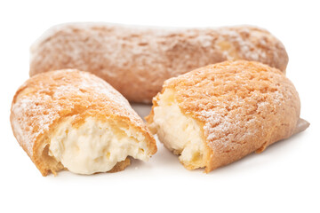 eclairs with cream cheese fills isolated on white background