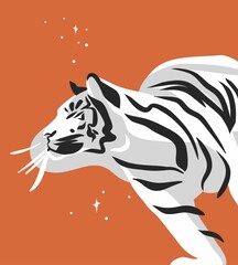 Hand drawn vector abstract graphic cartoon illustration with beauty cute celestial trendy wildlife white,cute moon tiger,moon and stars isolated on color background.Magic Boho clipart elements.