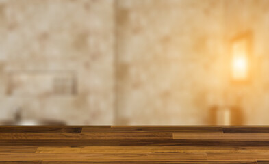 Modern bathroom including bath and sink. 3D rendering.. Sunset.. Background with empty wooden table. Flooring.