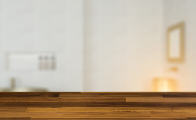 Clean and fresh bathroom with natural light. 3D rendering.. Suns. Background with empty wooden table. Flooring.