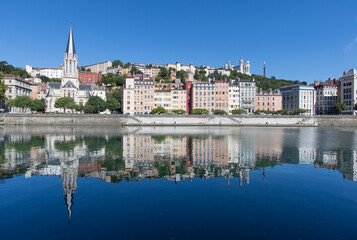 Fototapeta na wymiar view of the Saint-georges church in old Lyon, the Fourvière hill and the Saône quays in summer
